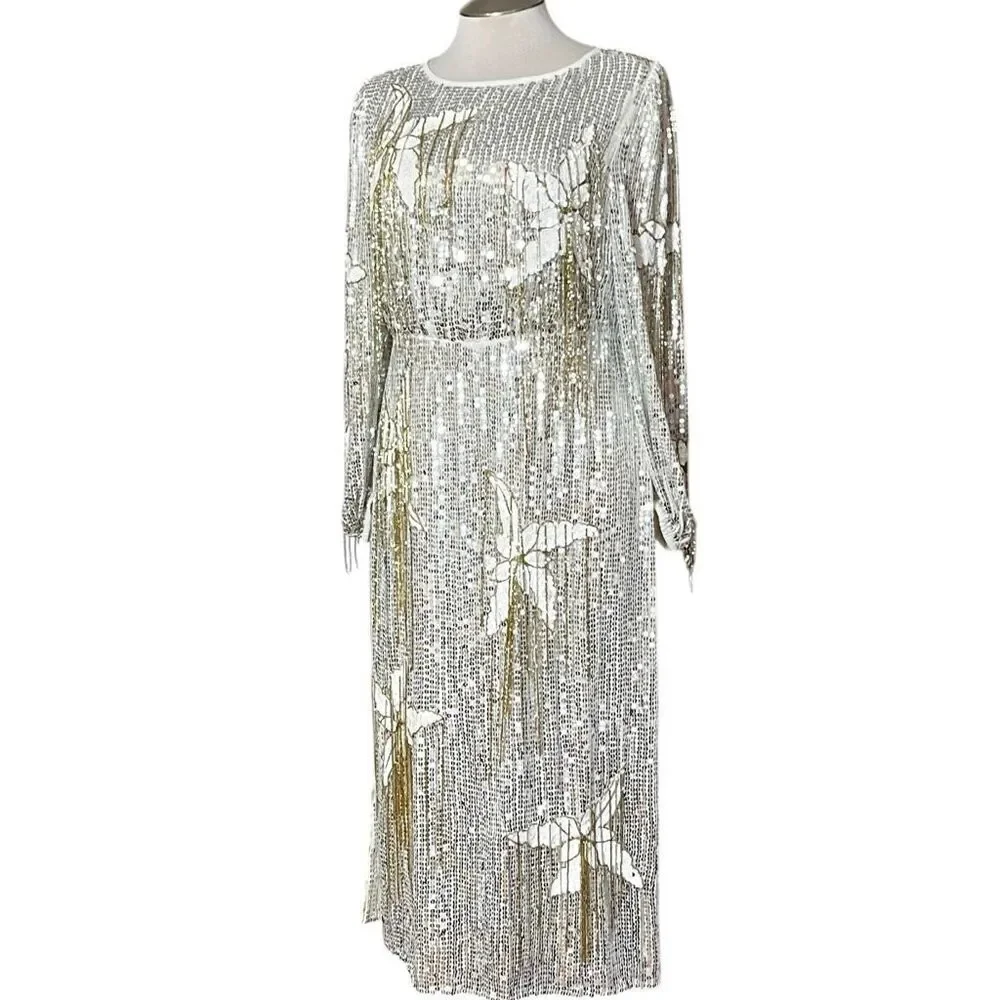 River Island London‎ Floral Sequin Fringe Long Sleeve MIDI Party Holiday Dresd - Picture 3 of 11